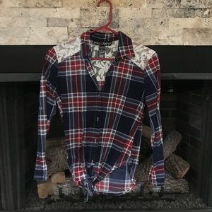 Plaid dark blue and red button up with lace back